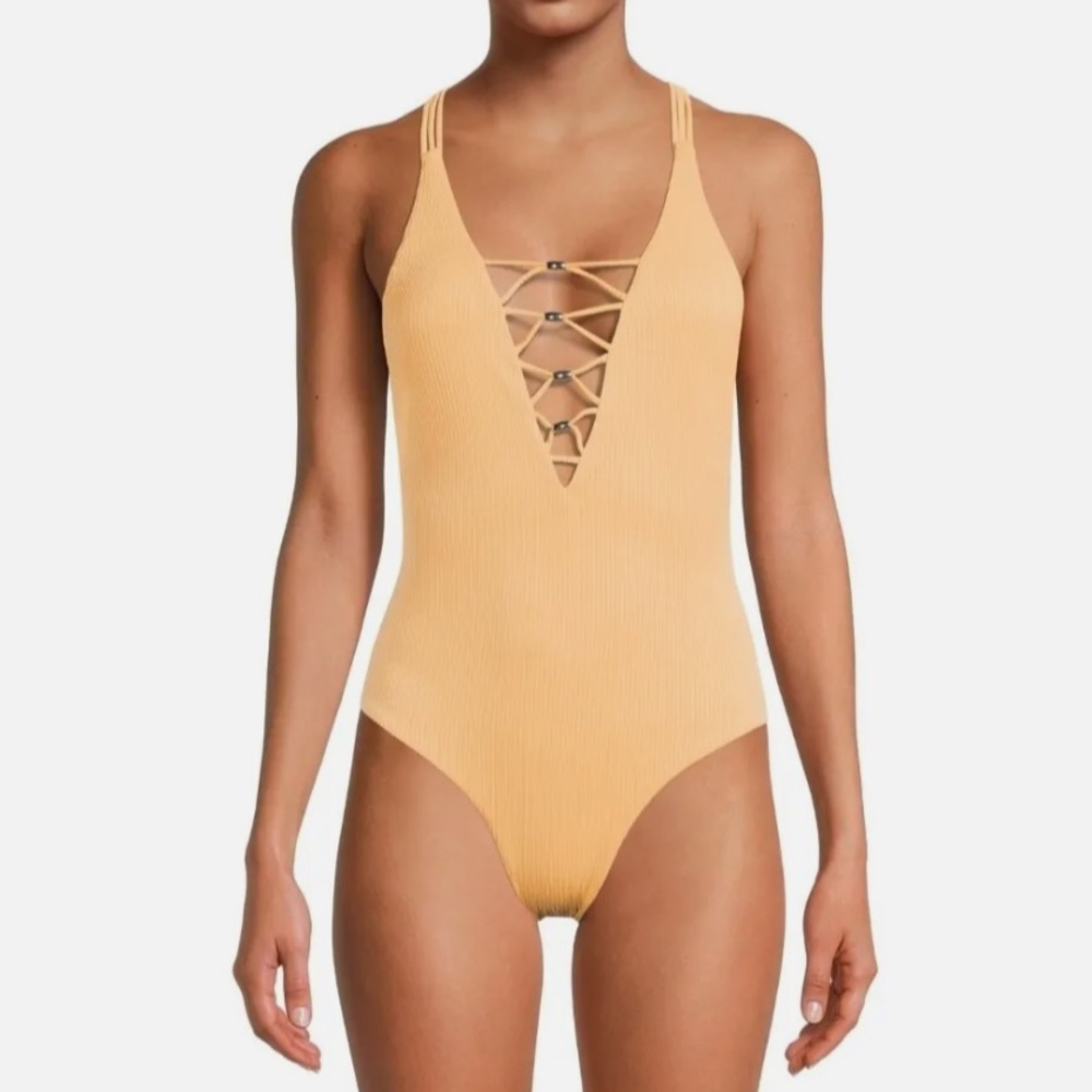 NWT YMI Ribbed Crisscross Lace Up 1 Piece Swimsuit Orange Large
